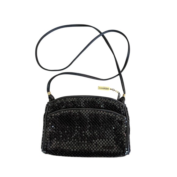 Whiting and Davis vintage black mesh metal crossbody purse on a leather strap - Picture 4 of 5